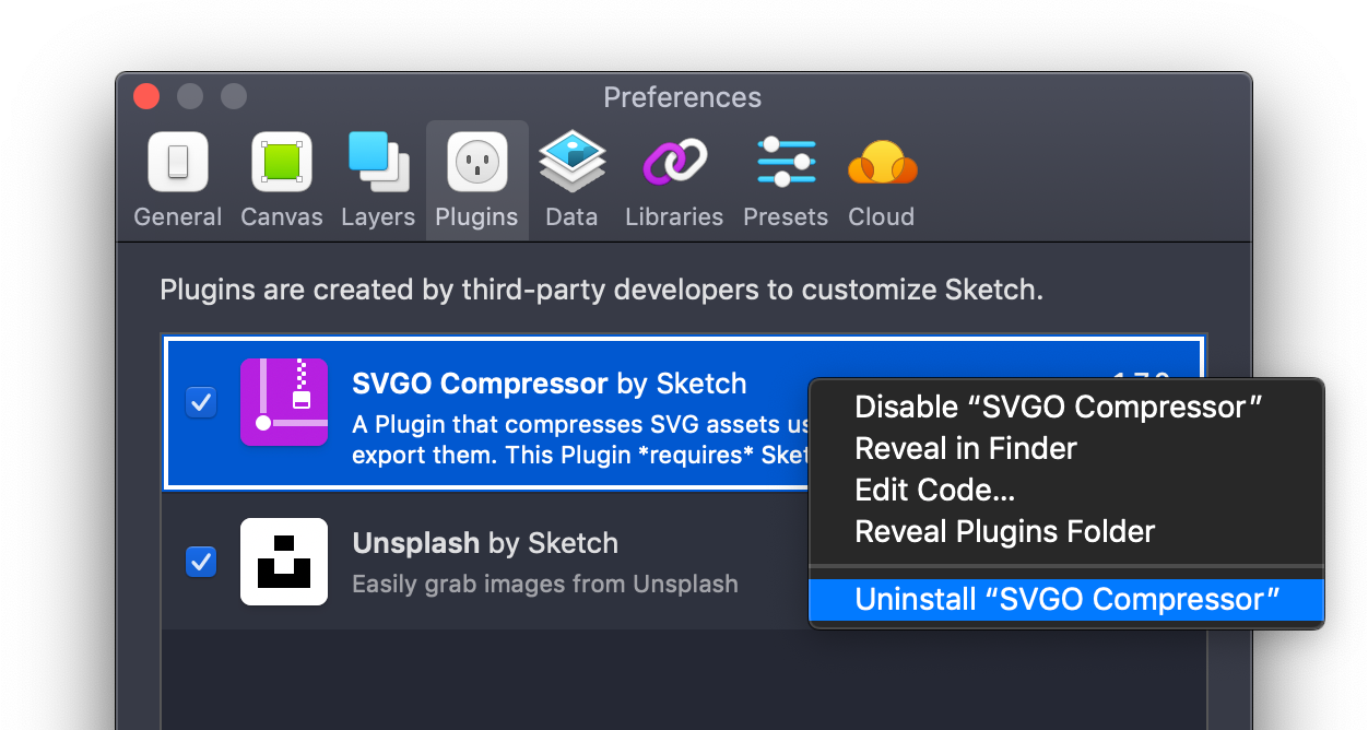 Uninstall a plugin in Sketch Preferences using the context menu